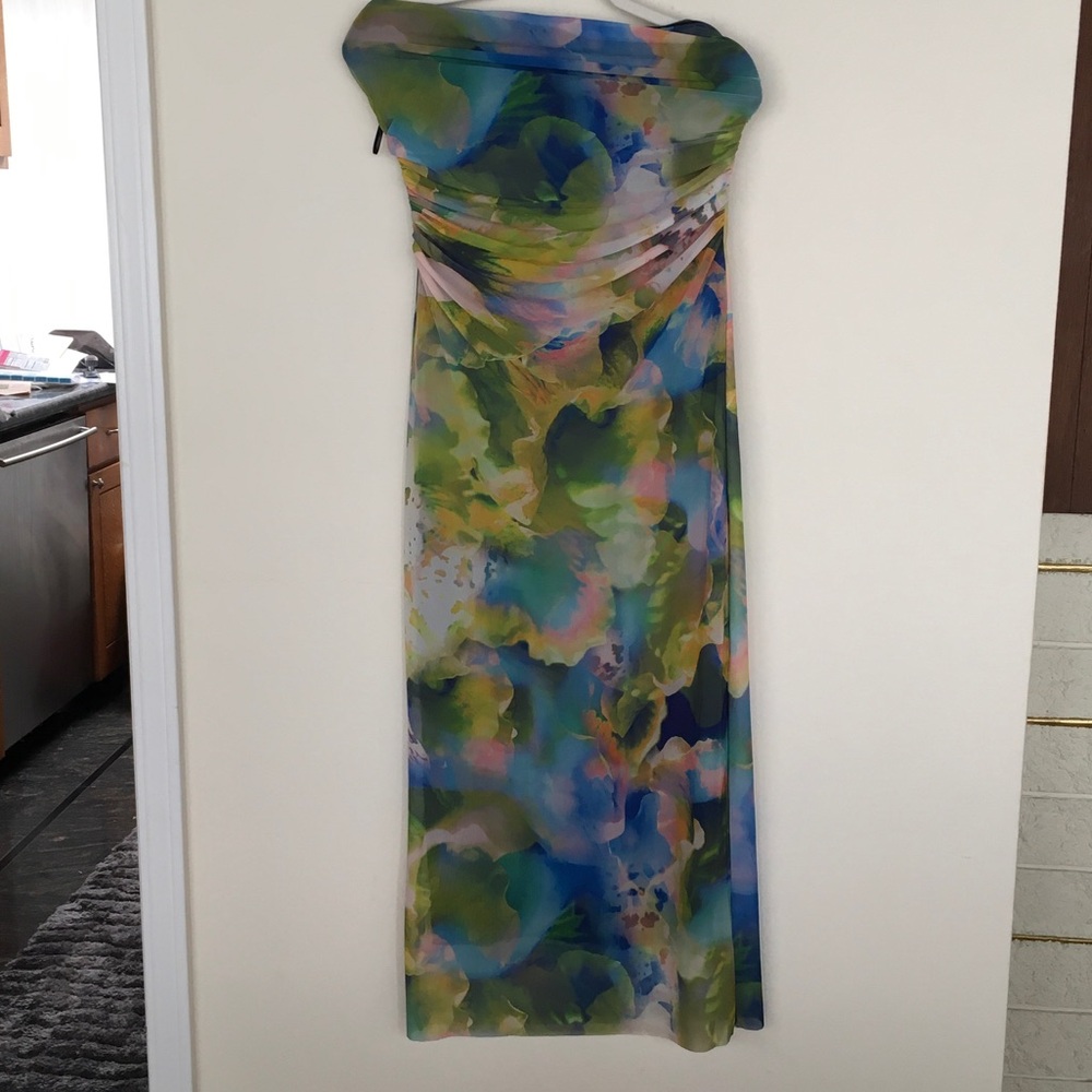 Strapless Watercolor Print Maxi Dress in Blue-Green
